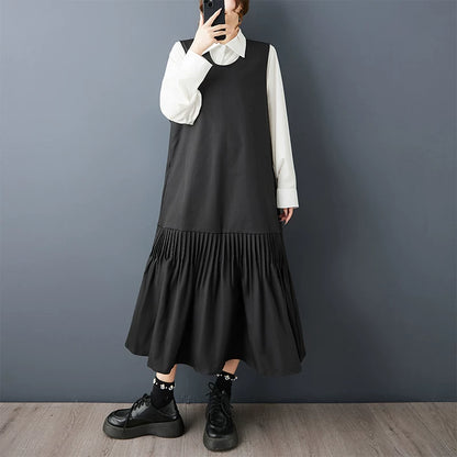 【60%OFF⭐️早い者勝ち】【ワンピース】ヴィンテージ  ロング ノースリーブ ワンピース プリーツデザイン パッチワーク ゆったり レイヤード スタイル【AHシリーズ】