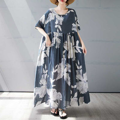 【ワンピース】夏 プリント 花柄 ゆるリラックス ラウンドネック 半袖 ワンピース 【SHシリーズ】