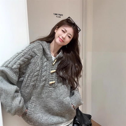 【60%OFF⭐️早い者勝ち】【セットアップ】リラックス感 トグルボタン プルオーバー フード付きニット + スカート 2点上下セット【JZシリーズ】