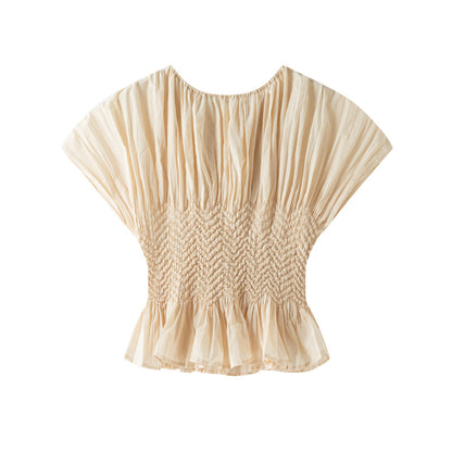 【トップス】夏 ビジュー付き プリーツデザイン クルーネック ブラウス 【SHシリーズ】