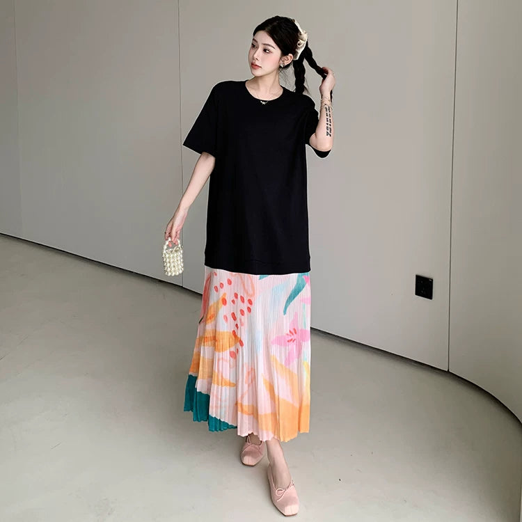 【ワンピース】ゆるっと着るだけで細見え✨大きいサイズ ロングワンピース 半袖 プリーツ裾 切り替えデザイン リゾート風 夏ワンピ【SHシリーズ】