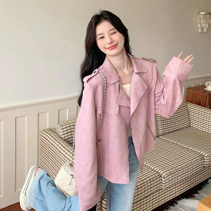 【アウター】可愛い 甘め若見えフェミニン スエード調ショートジャケット デザイン性 カジュアル 細見えアウター【JZシリーズ】