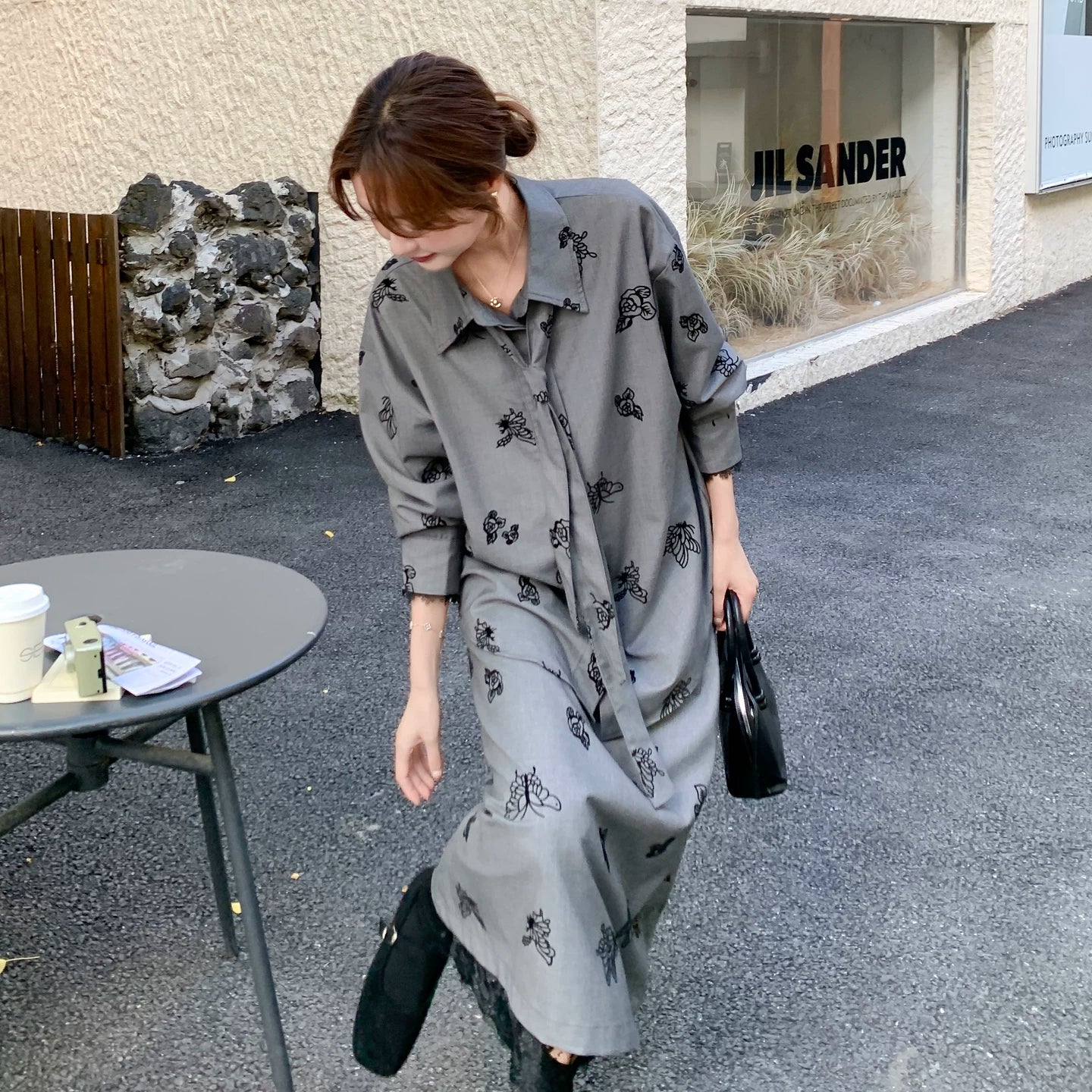 【セットアップ】春秋新作 グレー×フラワープリント シャツ×スカート 上下セット 韓国チック オールドマネー風【SHシリーズ】