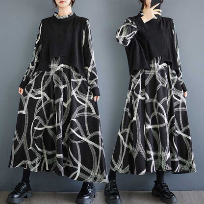 【ワンピース】春秋 個性柄 カジュアル レイヤード風 長袖ワンピース【SHシリーズ】