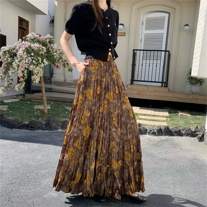 【ボトムス】プリーツ＆花柄 スカート レディース ポケット付き Aライン フレア ミディ丈 ケーキスカート【SHシリーズ】