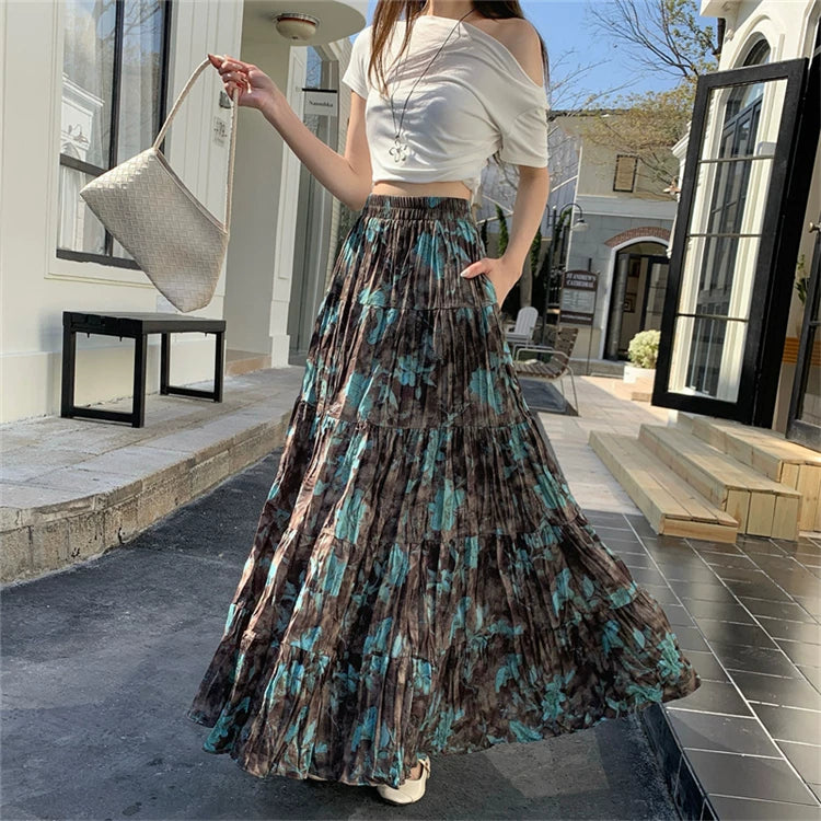 【ボトムス】プリーツ＆花柄 スカート レディース ポケット付き Aライン フレア ミディ丈 ケーキスカート【SHシリーズ】