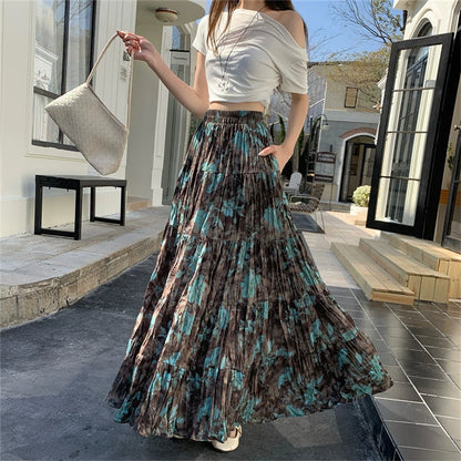 【ボトムス】プリーツ＆花柄 スカート レディース ポケット付き Aライン フレア ミディ丈 ケーキスカート【SHシリーズ】