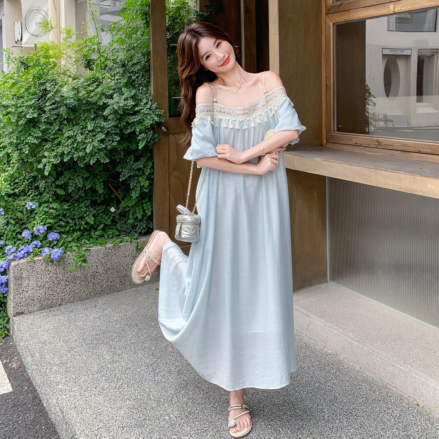 【ワンピース】ロマンチックバカンス風 ゆったりオフショルダー フリンジ ノースリーブワンピース