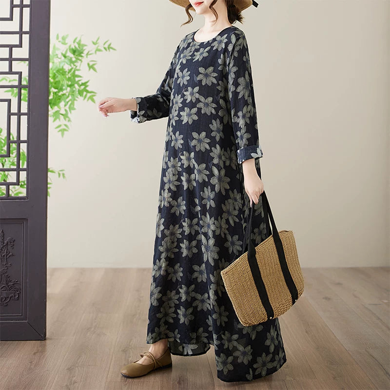 【ワンピース】花柄 クルーネック 長袖 ゆるシルエット 大きいサイズ リゾートワンピース【SHシリーズ】