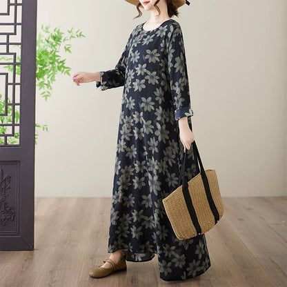 【ワンピース】花柄 クルーネック 長袖 ゆるシルエット 大きいサイズ リゾートワンピース【SHシリーズ】