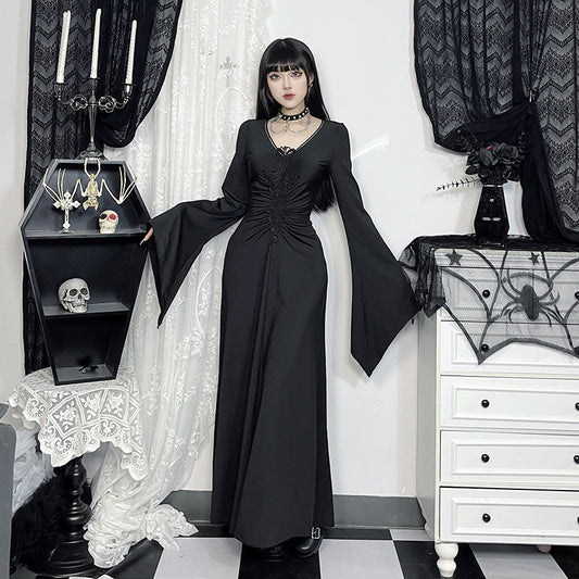 【ハロウィン】ロングワンピース 大人用 ダーク風 エレガント タイト ウィッチスリーブ 長袖 レディース
