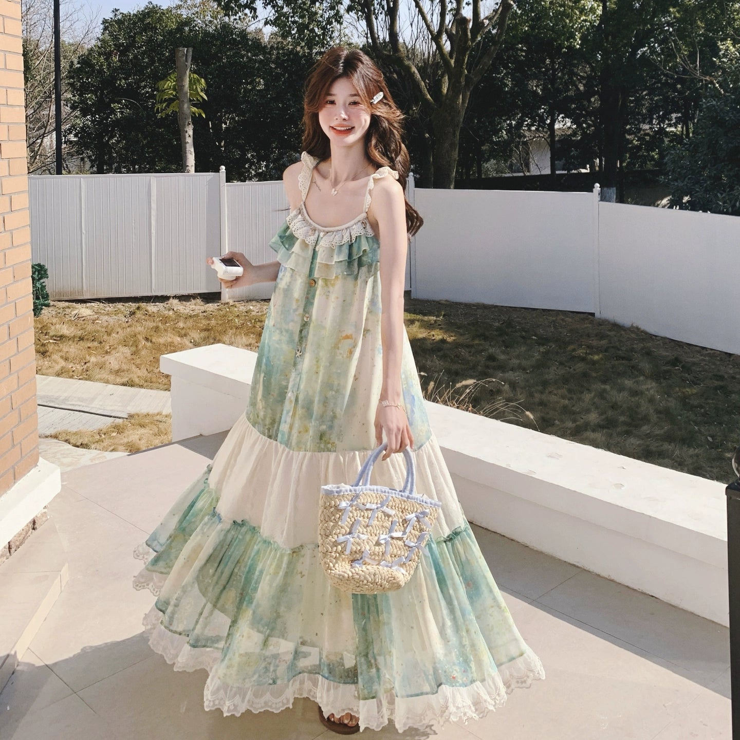 【ワンピース】フレンチヴィンテージ 森系 ビーチリゾートワンピース 油絵風 ノースリーブキャミワンピース【SHシリーズ】