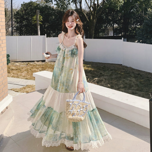 【ワンピース】フレンチヴィンテージ 森系 ビーチリゾートワンピース 油絵風 ノースリーブキャミワンピース【SHシリーズ】