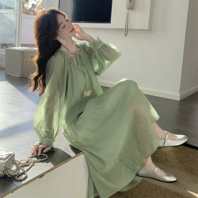 【ワンピース】グリーン フレンチ風ロマンティックワンピース新作 長袖 絶美ロングドレス【JZシリーズ】