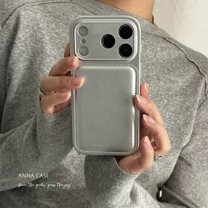 【グッズ】ins風 高級感 ミニマル シルバー 大窓 レザー iPhone17 Pro Max対応 iPhone17 / 16 Pro Max / 15 Pro / 14対応 新作 耐衝撃 男女兼用 ケース