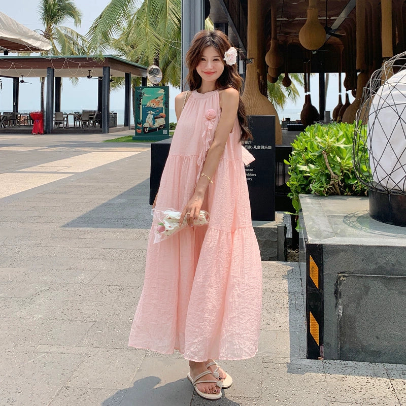 【ワンピース】夏 バカンス風 立体フラワー 甘め ハイネックノースリーブワンピース【JZシリーズ】