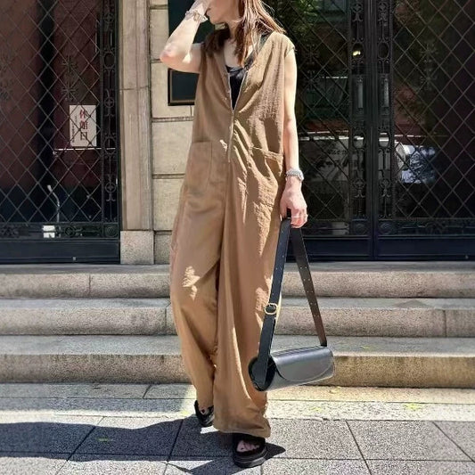 拉鍊圓領連身褲｜夏季寬鬆顯瘦直筒連體褲女｜簡約氣質百搭連身褲【JZ系列】