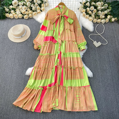 【ワンピース】プリントVネック お腹周りカバー フリル 長袖 ワンピース 【SHシリーズ】