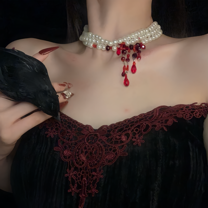 【ハロウィン】ゴシック風 血糊パール フリンジチョーカー ダークアクセサリー ネックレス