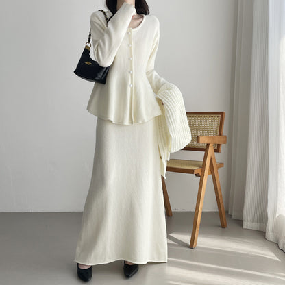 【セットアップ】春 秋 冬 ニットカーディガン + フロア丈 ロングスカート 2点上下セット 【SNシリーズ】