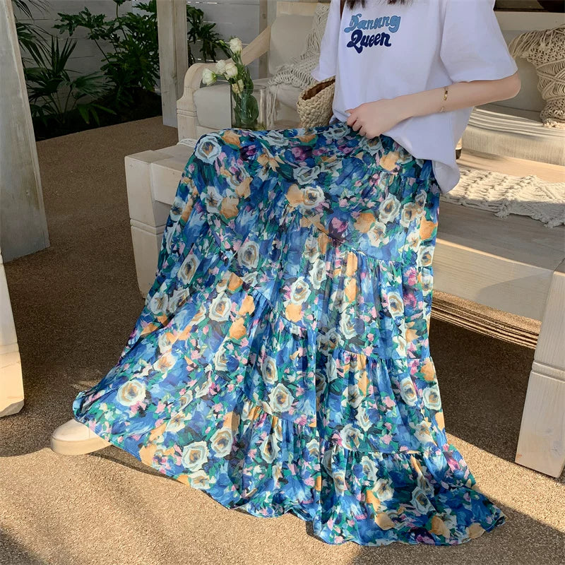 【ボトムス】ボヘミアン風 フレンチ油絵 プリント 大振裾 スカート 【SHシリーズ】