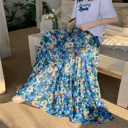 【ボトムス】ボヘミアン風 フレンチ油絵 プリント 大振裾 スカート 【SHシリーズ】