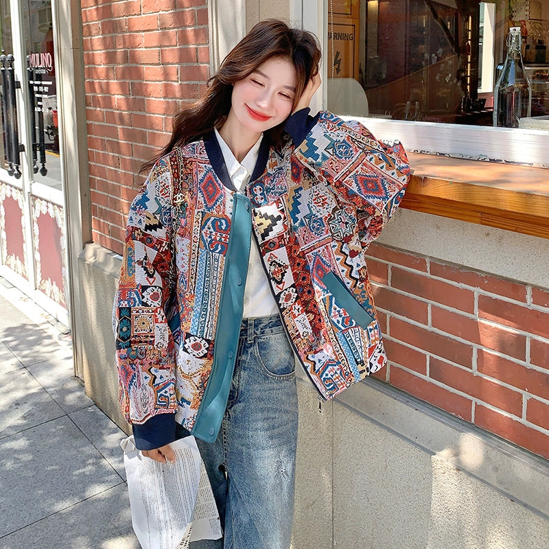 【アウター】超可愛い エスニック柄おしゃれスタジャン レディース 春秋 人気 韓国風ジャケット【SHシリーズ】