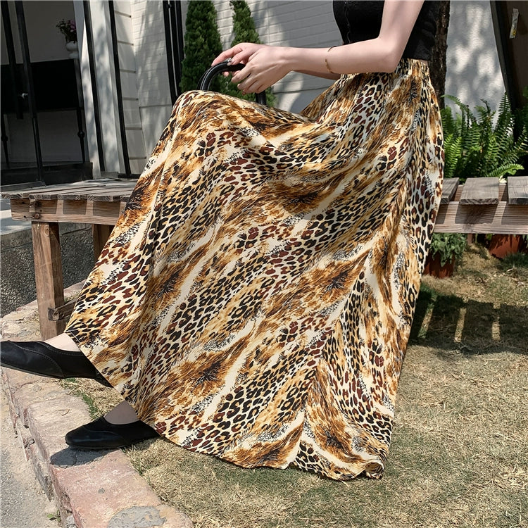 【ボトムス】レトロヒョウ柄スカート トレンド感 ゆったり フレアロングスカート 垂れ感シフォンAラインスカート【SHシリーズ】