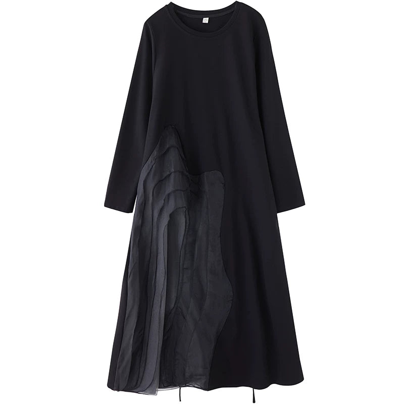 【ワンピース】ゆったり ダークモード デザインワンピース チュール 重ね切替 長袖ワンピース レディース モード系 雰囲気 ロングドレス【AHシリーズ】