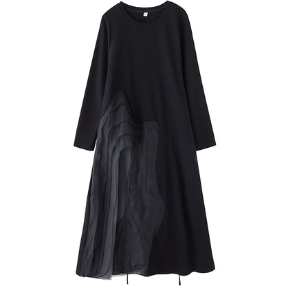 【ワンピース】ゆったり ダークモード デザインワンピース チュール 重ね切替 長袖ワンピース レディース モード系 雰囲気 ロングドレス【AHシリーズ】