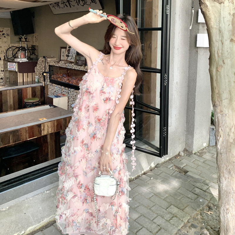 ワンピース】ピンクロマンチック風 立体フラワー花柄 ノースリーブ