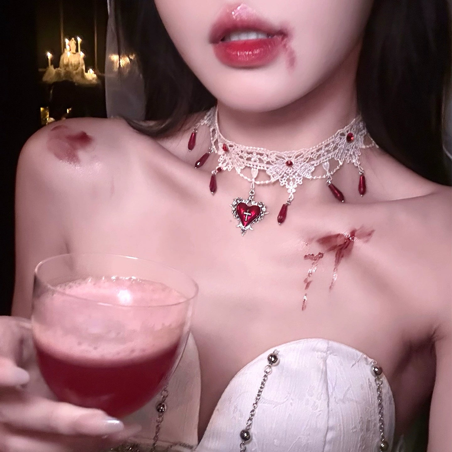 【ハロウィン】血の月の契約 ゴシック風 レースチョーカー ハートクロス ネックレス コスプレ花嫁