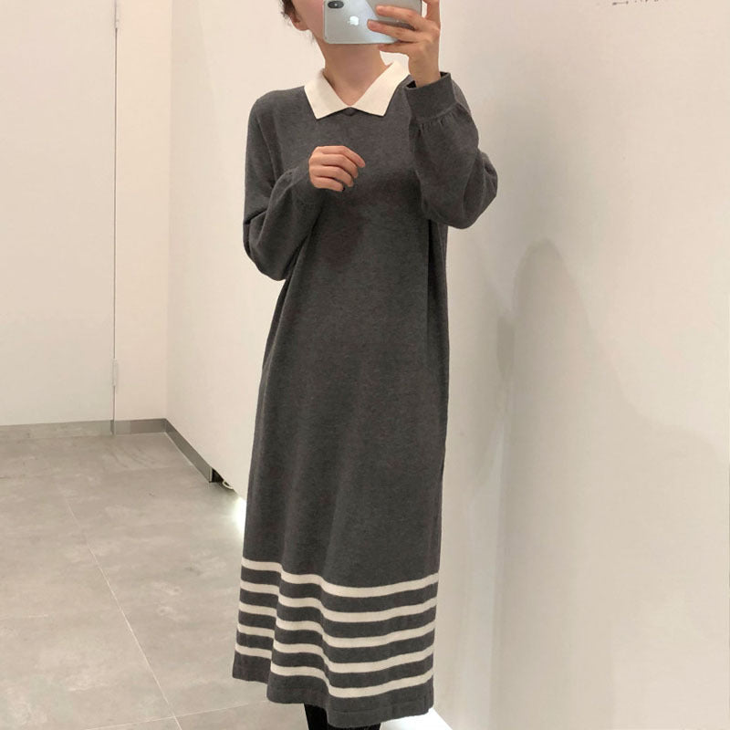 【24AW】【ワンピース】韓国風 しま模様 配色 合わせやすい 着痩せ 長袖ワンピース