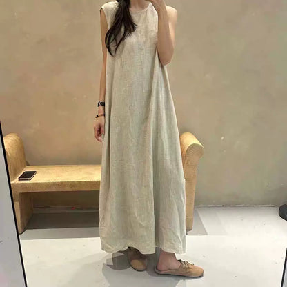 期間限定⭐️60%OFF【ワンピース】レトロ 無地 リネンコットン ミディ丈 キャミワンピース レディース 夏新作 ミニマル ノースリーブ 上品 ゆったり ノースリーブ ワンピース【JZシリーズ】