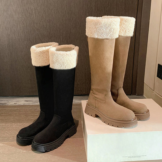 【シューズ】秋冬 新作 厚底 裏起毛 バックジップ ロングブーツ 太ヒール スエード調 【25~30日発送】