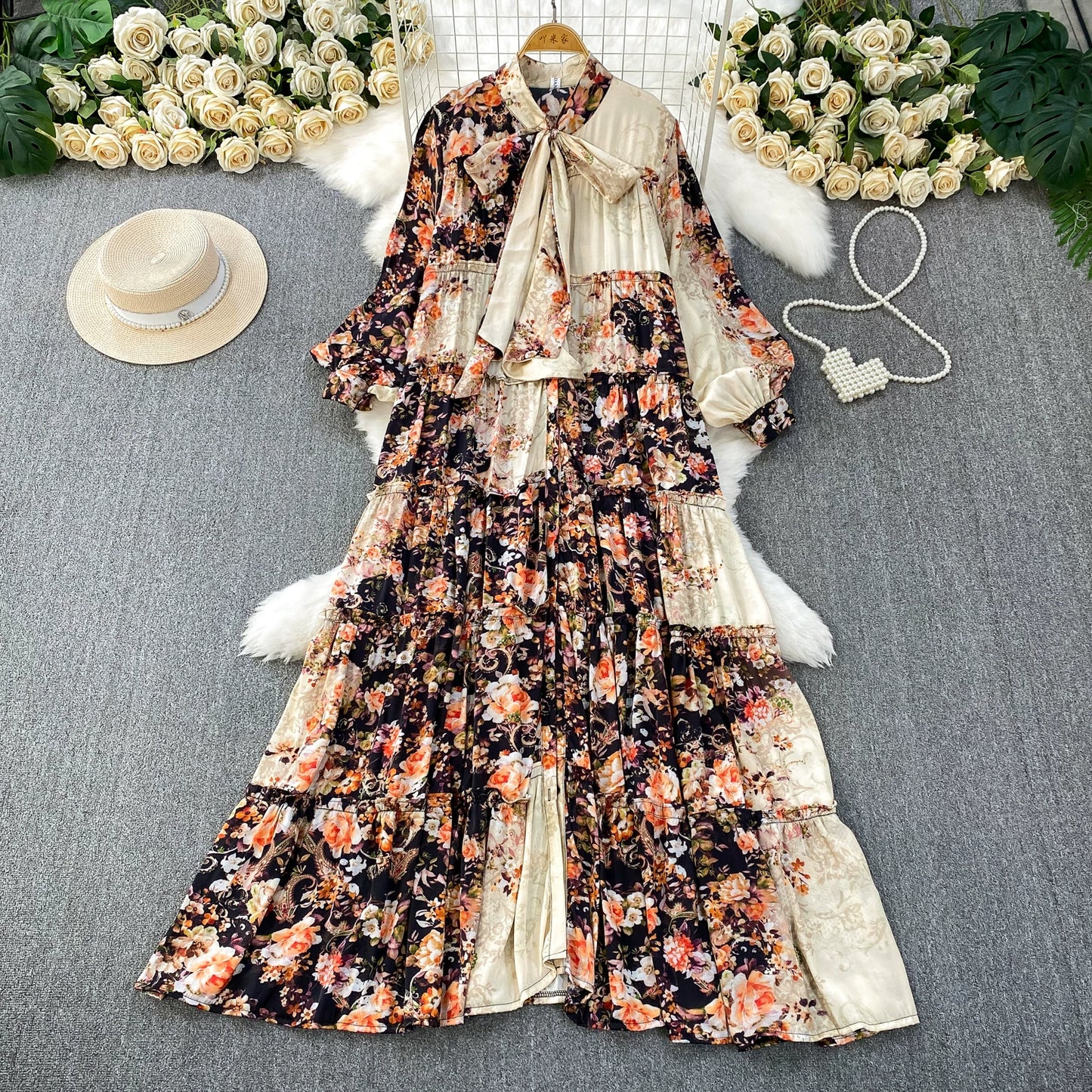 【ワンピース】プリントVネック お腹周りカバー フリル 長袖 ワンピース 【SHシリーズ】