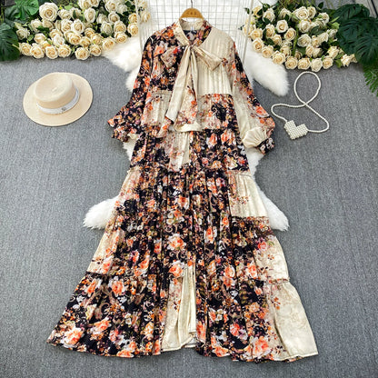 【ワンピース】プリントVネック お腹周りカバー フリル 長袖 ワンピース 【SHシリーズ】