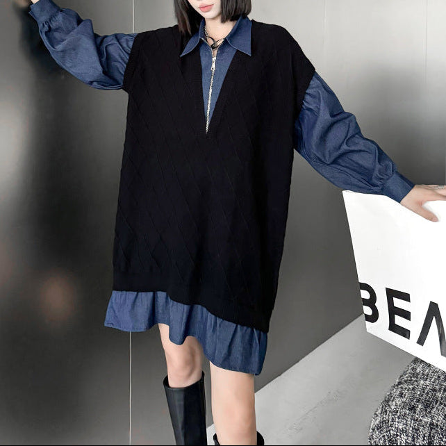 【ワンピース】デニム切り替えニットワンピース レディース 秋冬新作 ゆったりシルエット カジュアル長袖セーター ワンピース【AHシリーズ】