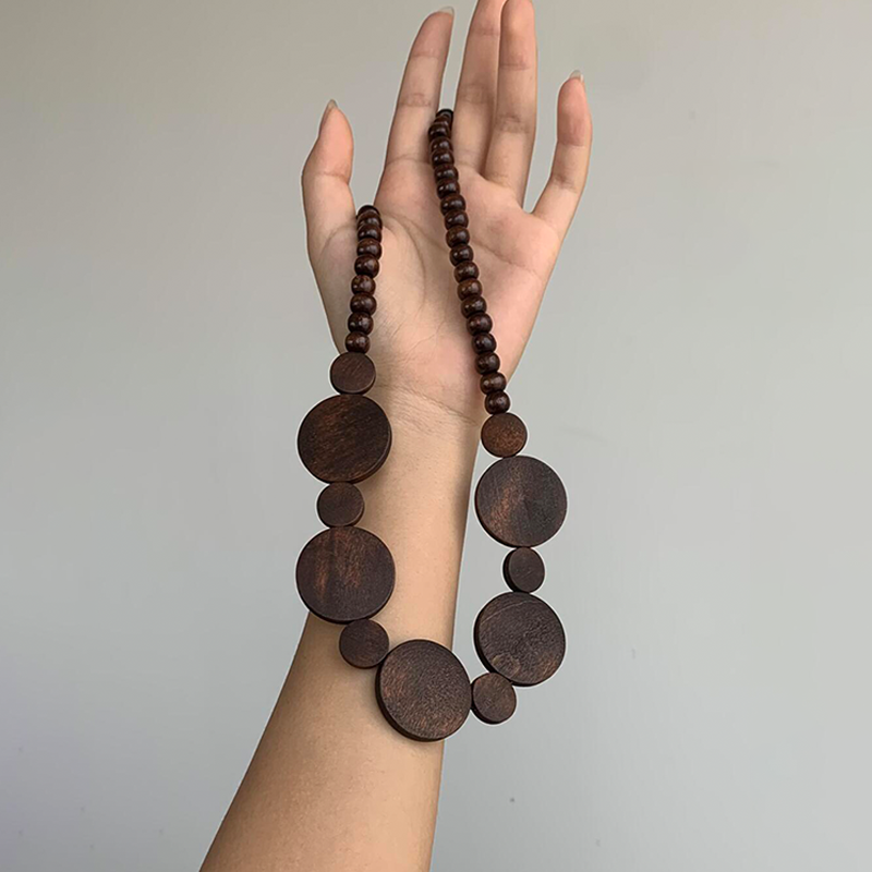 【🎁 B2G1｜先行スタート！】【グッズ】中華風ヴィンテージ木製ネックレス＆バングルセット｜ダークブラウン｜秋冬コーデに映える上品ミニマルアクセ