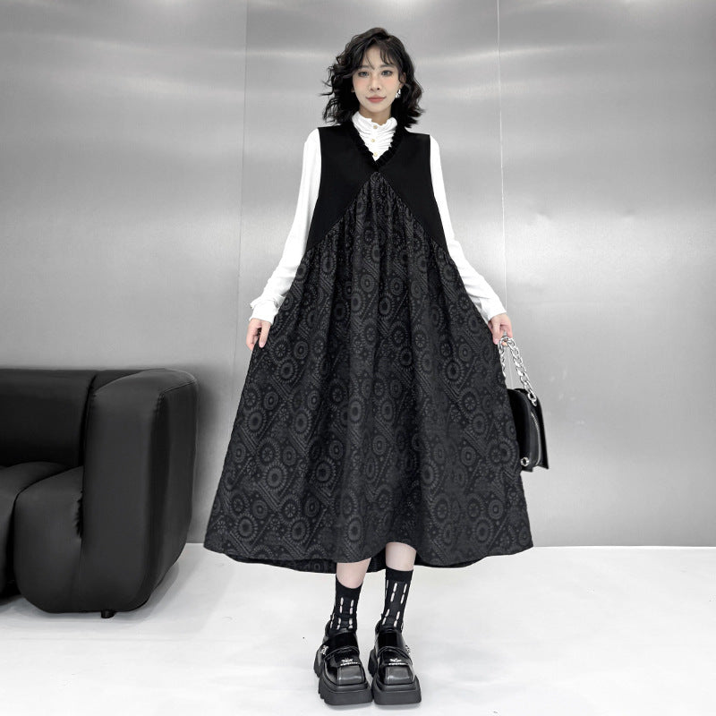 【ワンピース】暗黒系 ノースリーブVネックベストワンピース レディース 新作 ゆったり体型カバー ミディ丈【AHシリーズ】