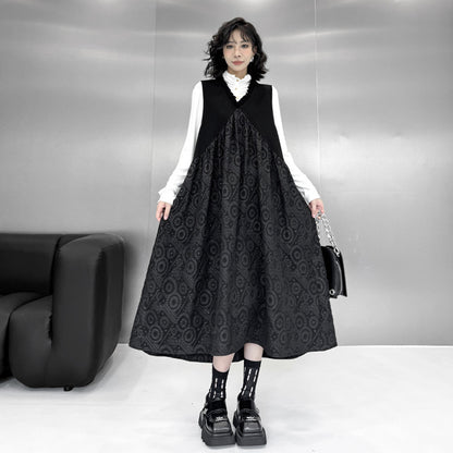 【ワンピース】暗黒系 ノースリーブVネックベストワンピース レディース 新作 ゆったり体型カバー ミディ丈【AHシリーズ】