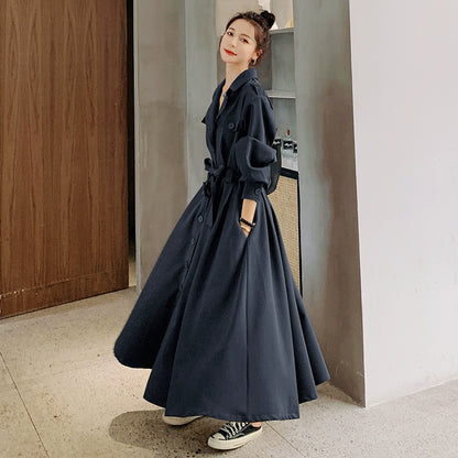 全4色【ワンピース】フレンチ 春秋  気質エレガント トレンチ風 大フレアロング 長袖ワンピース【JZシリーズ】