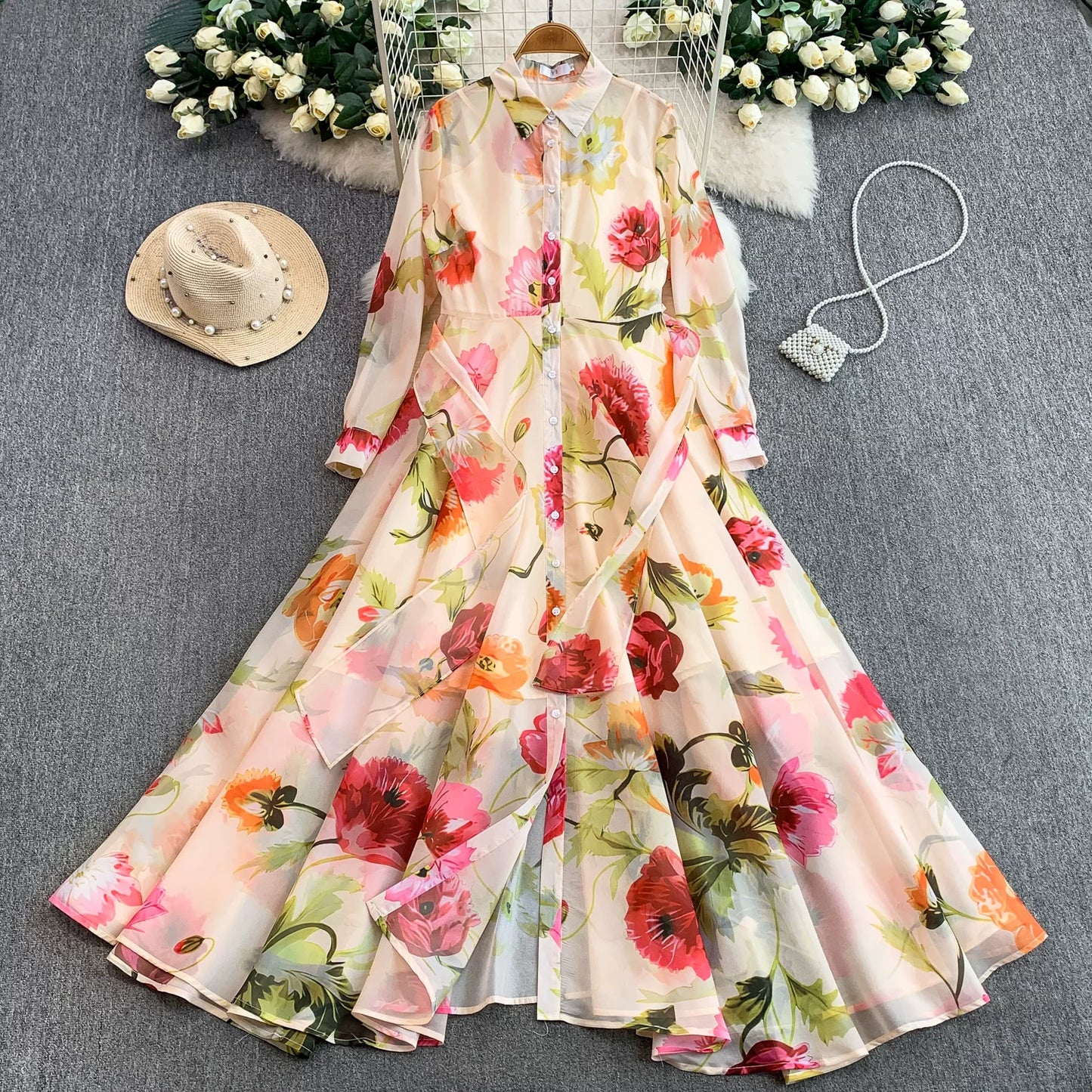 【ワンピース】長袖 花柄ワンピース 襟付き ウエストリボン フレアロング アシンメトリー 着痩せ エレガント リゾートワンピ【SHシリーズ】