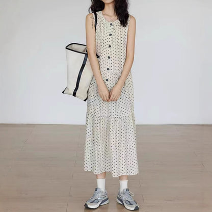 【ワンピース】ノースリーブ ワンピース レディース 夏 ドット柄 Aライン ロングワンピース ゆったり リゾート カジュアル【JZシリーズ】