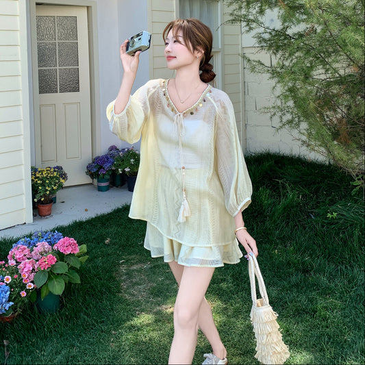 2点セット!【セットアップ】カジュアルエレガンス リラックス感 日焼け防止シャツ＋ショートパンツ 上下セット