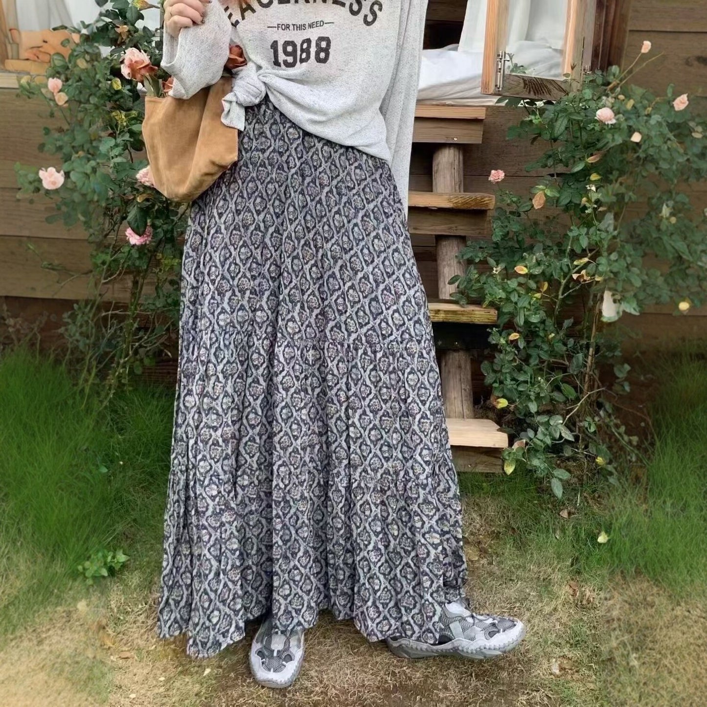 【ボトムス】レトロ花柄 フレアロング丈 ゆったりシルエット スカート【SHシリーズ】