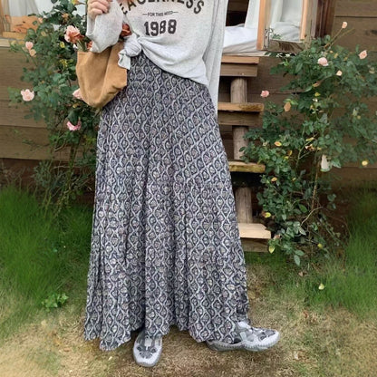 【ボトムス】レトロ花柄 フレアロング丈 ゆったりシルエット スカート【SHシリーズ】