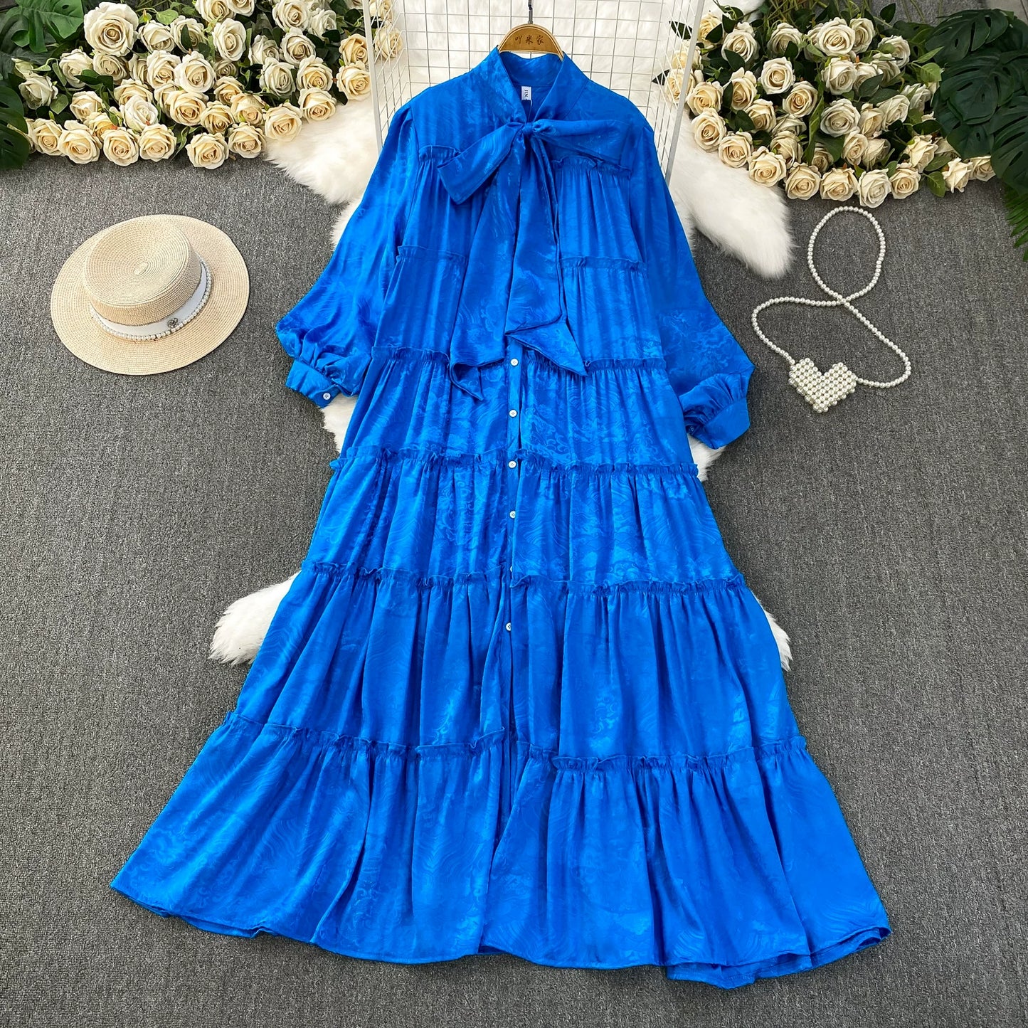 【ワンピース】プリントVネック お腹周りカバー フリル 長袖 ワンピース 【SHシリーズ】