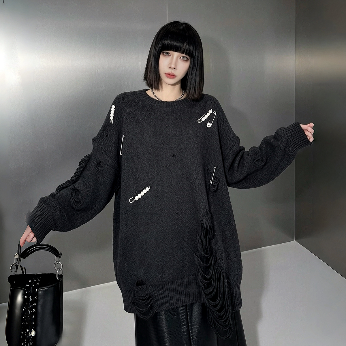 【トップス】パールピン付きダメージニット レディース 秋冬新作 フリンジ ゆったり ドロップショルダー モード セーター【JZシリーズ】