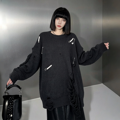 【トップス】パールピン付きダメージニット レディース 秋冬新作 フリンジ ゆったり ドロップショルダー モード セーター【JZシリーズ】